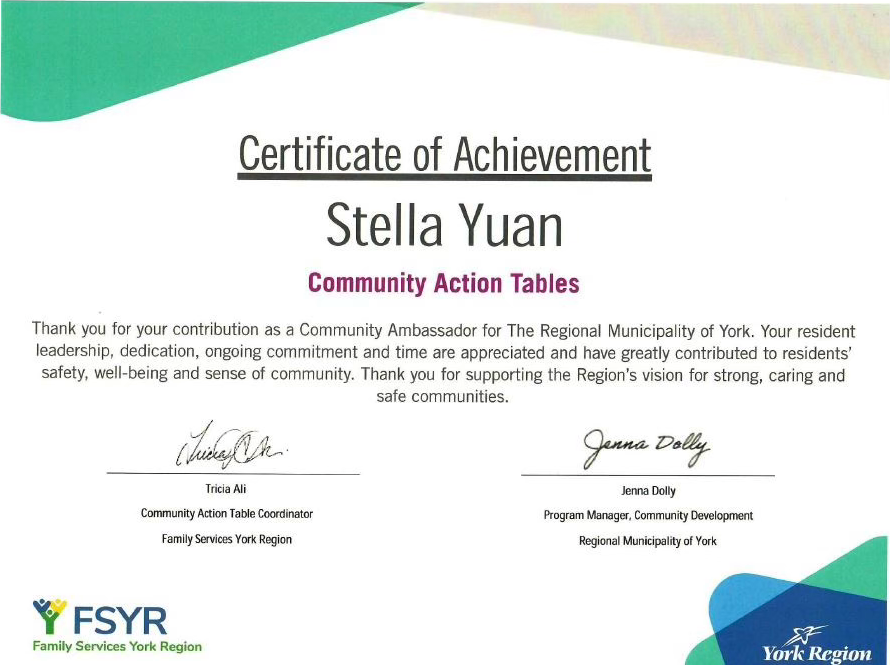Stella receiving certificates of appreciation from Family Service organizations